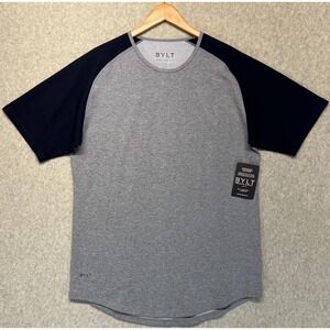 BYLT Mens Drop Cut Lux SS T-Shirt Gray Black Raglan Sleeve Curved Hem Soft L